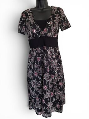 Vintage Y2k 2000s 90s Grunge Witchy Black Floral V-Neck Short Sleeve Dress Sz S